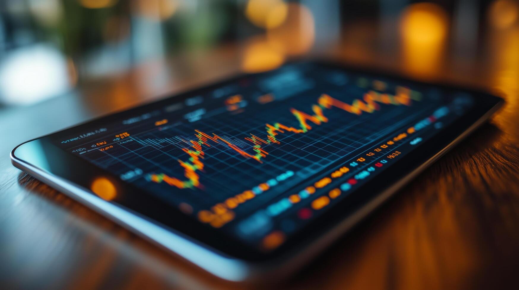 Dashboard displaying stock market trends with vibrant graphs in evening light. photo