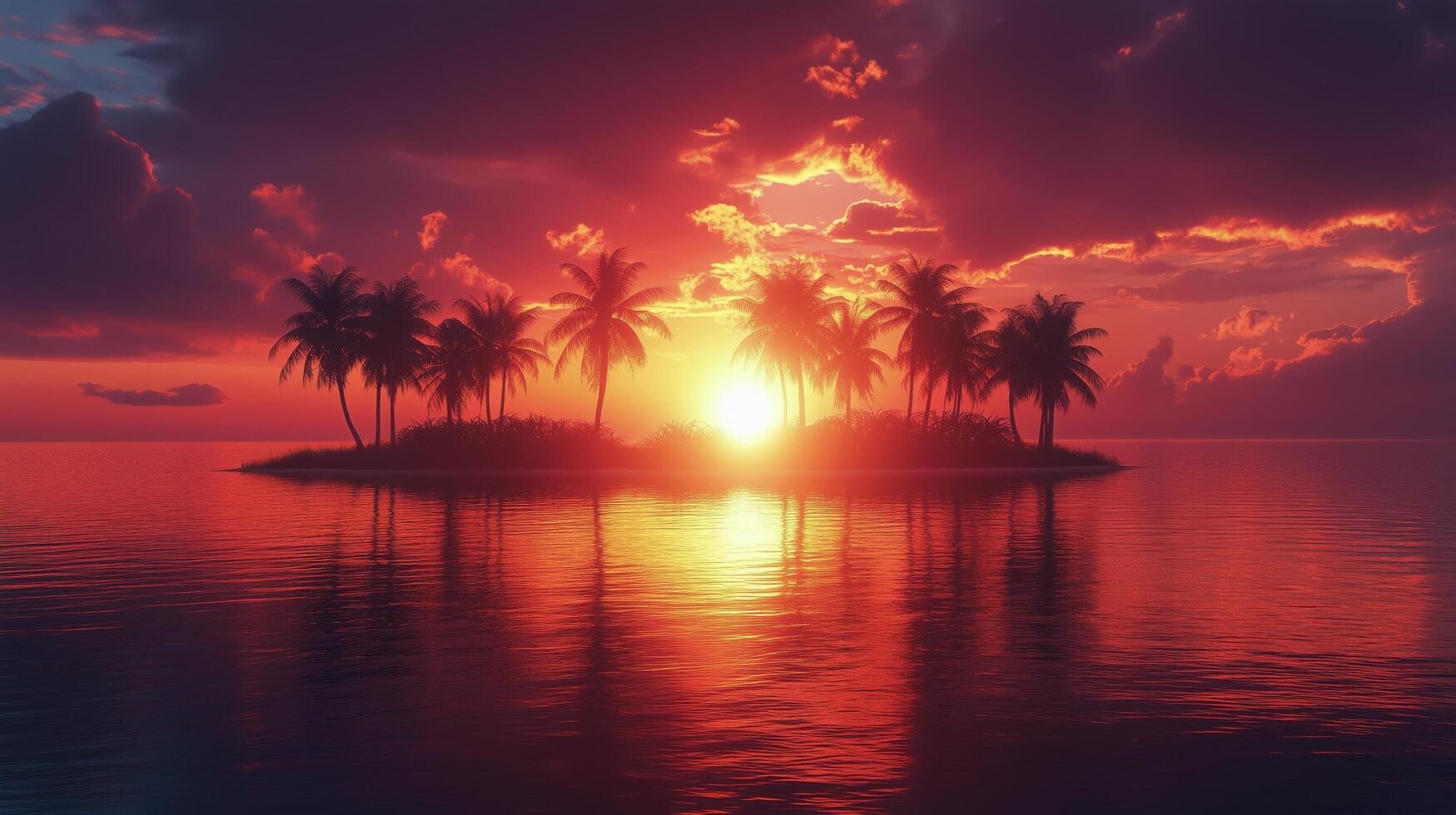 Vibrant sunset over tropical island with palm trees reflecting on calm waters. photo