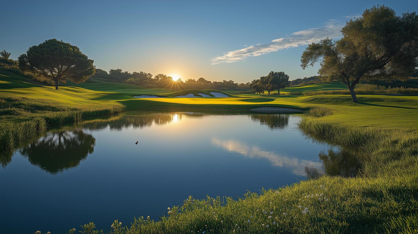 Sunrise over a serene golf course with reflections on a calm pond. photo
