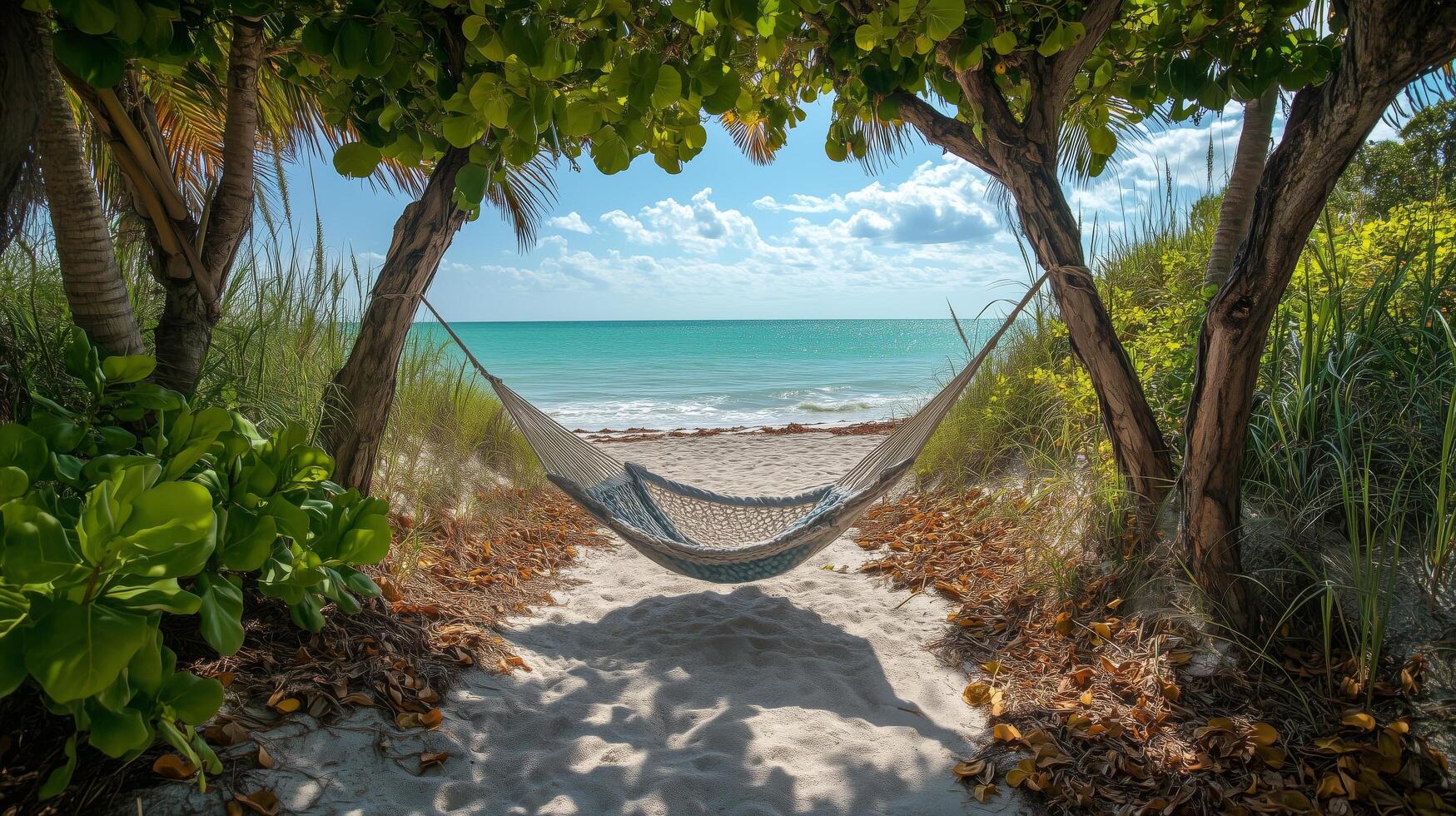Relaxing hammock between palm trees with ocean view during sunny day. photo