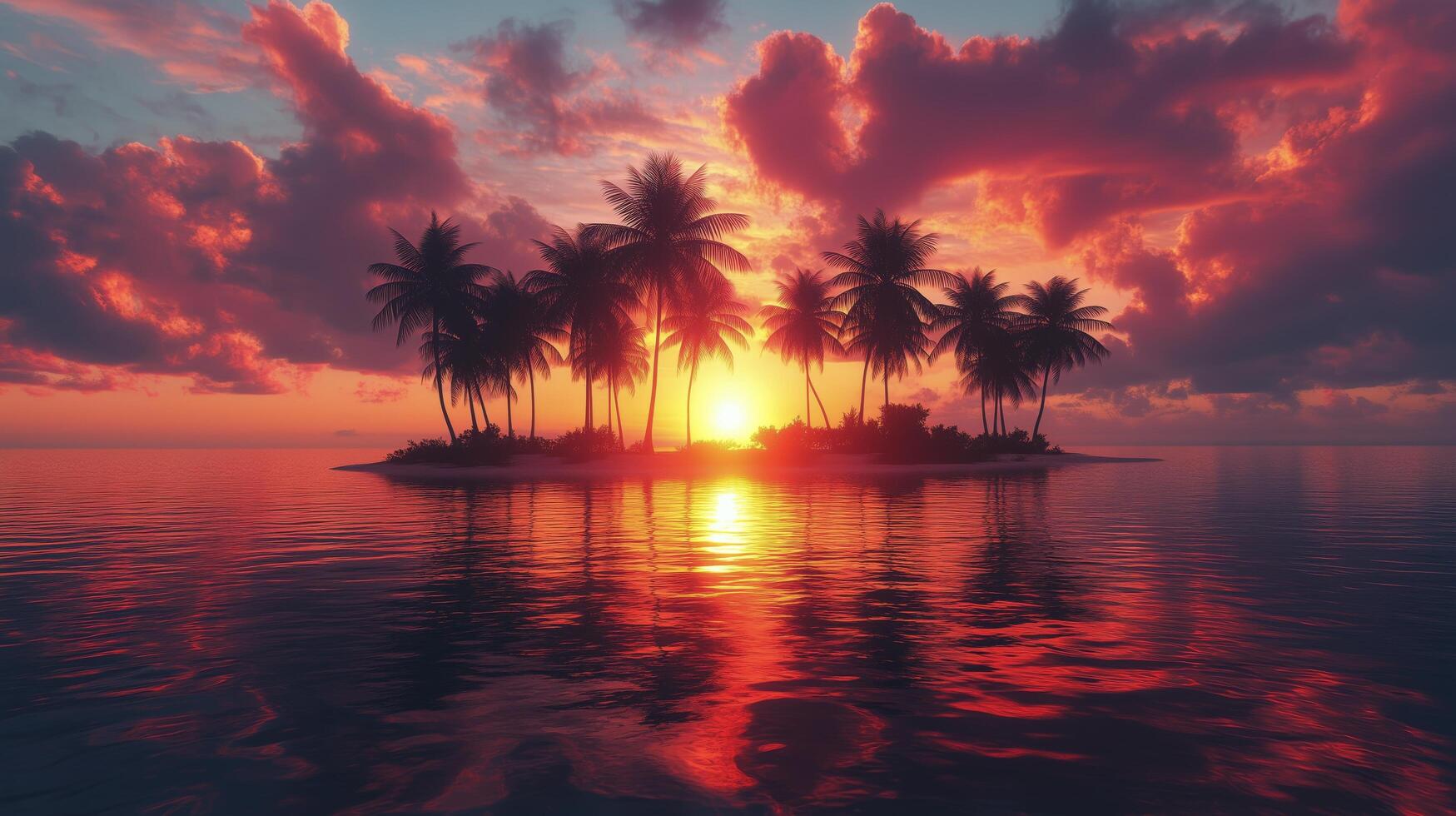 Vibrant sunset over tropical island with palm trees reflecting on calm water. photo