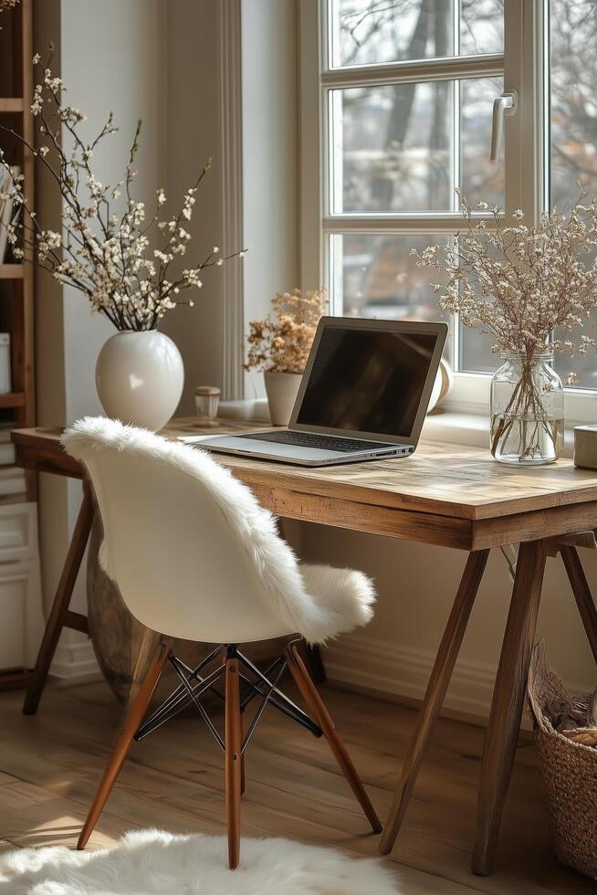 Cozy workspace with wooden desk and laptop in sunlit room with plants and decor. photo