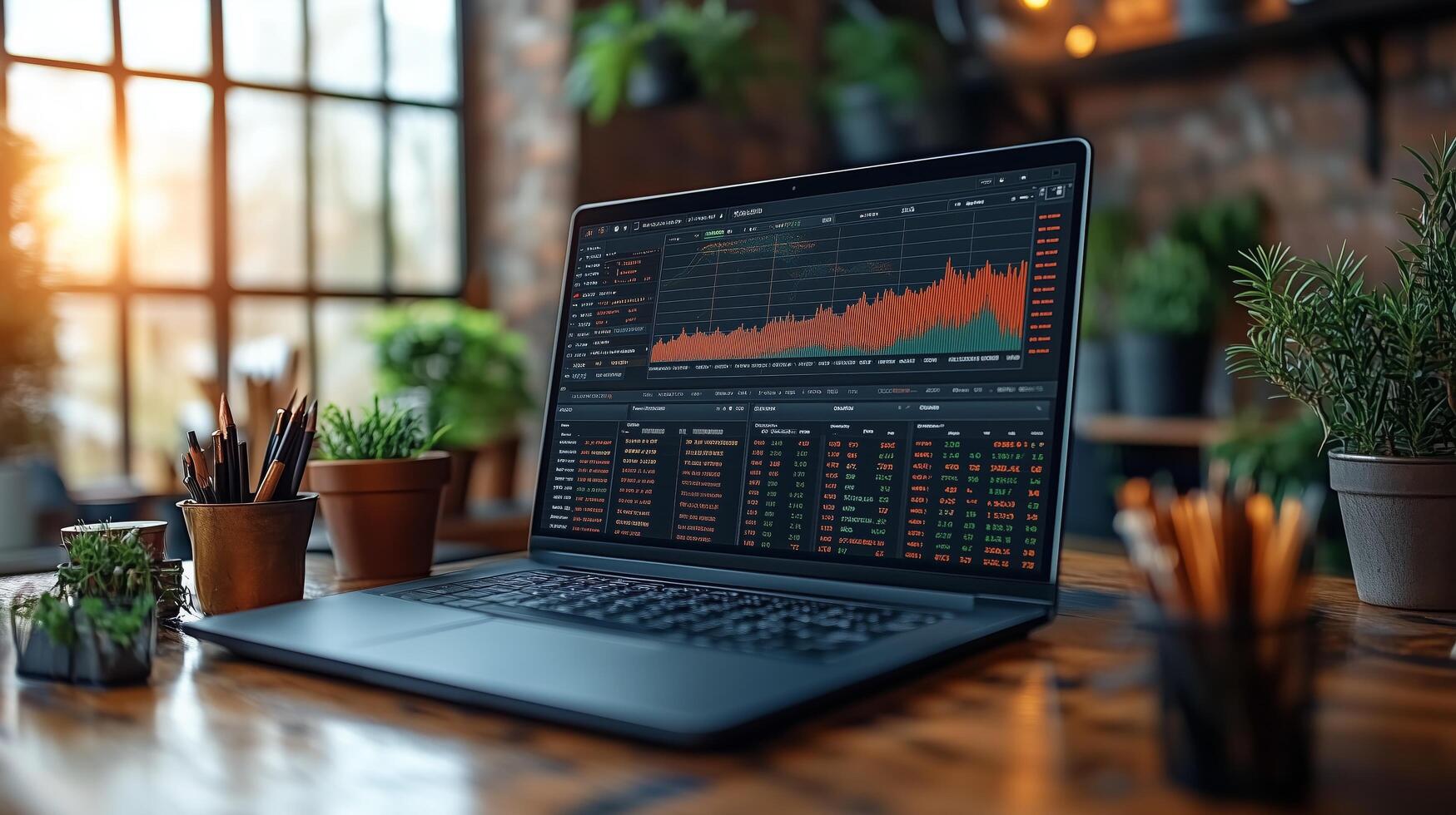 Stock market data displayed on a laptop in a cozy workspace with plants. photo