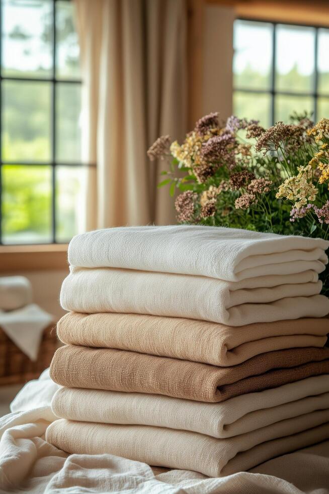 Soft linen towels stacked neatly with fresh flowers in a cozy room setting. photo