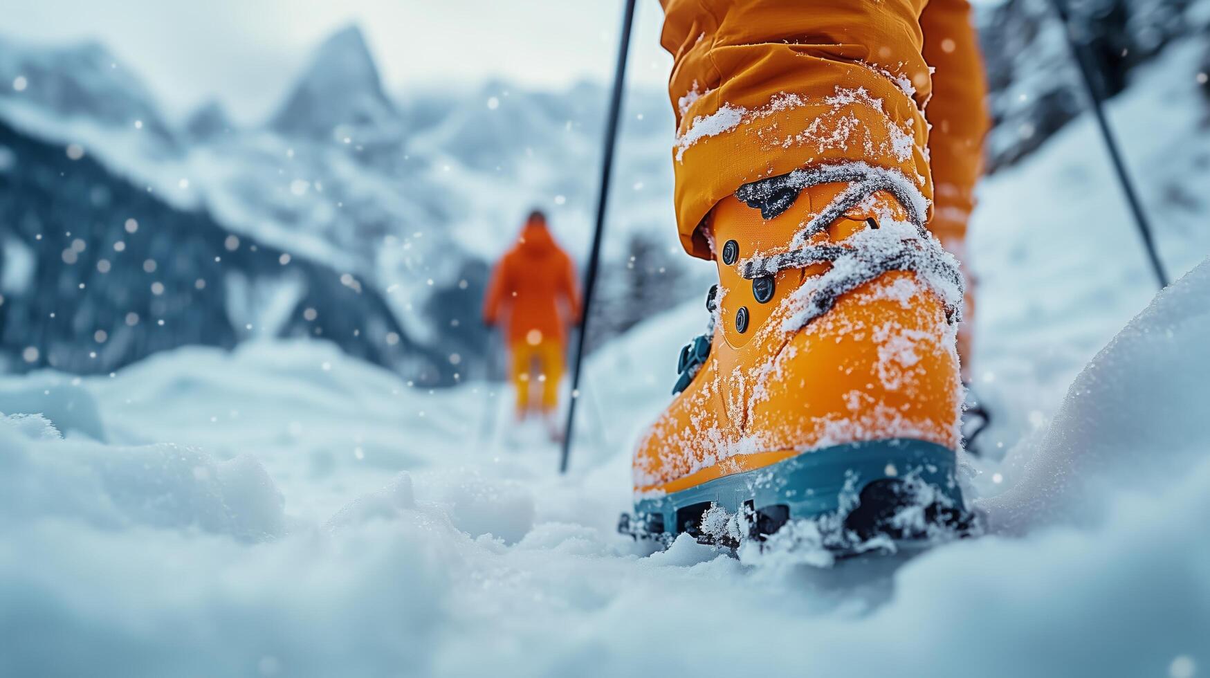 Snowy mountain trek with bright orange boots and climbers in the distance during winter. photo