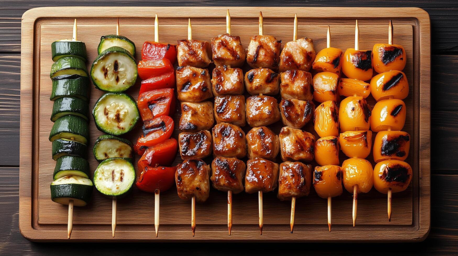 Grilled skewers with colorful vegetables and marinated meat on a wooden board. photo