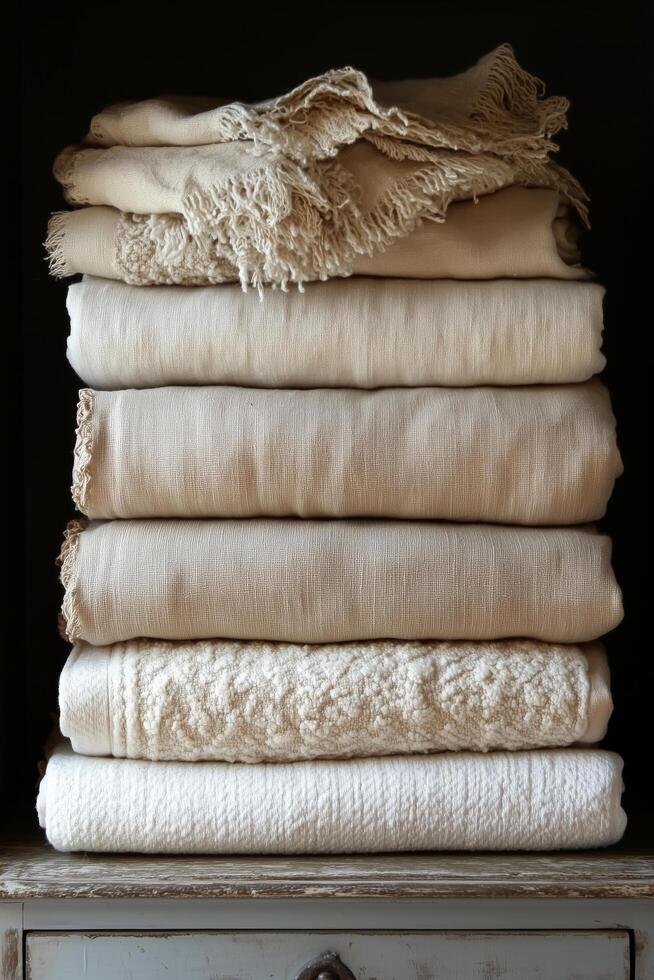 Soft neutral fabrics stacked neatly on a shelf in a cozy interior space. photo