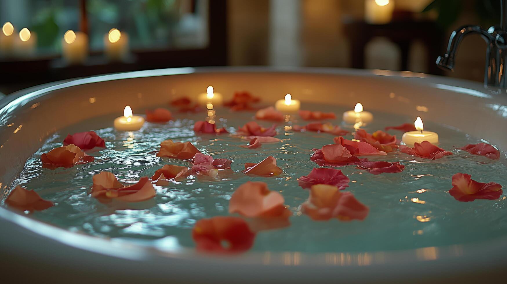 Relaxing bath with floating rose petals and candles for a tranquil evening retreat. photo