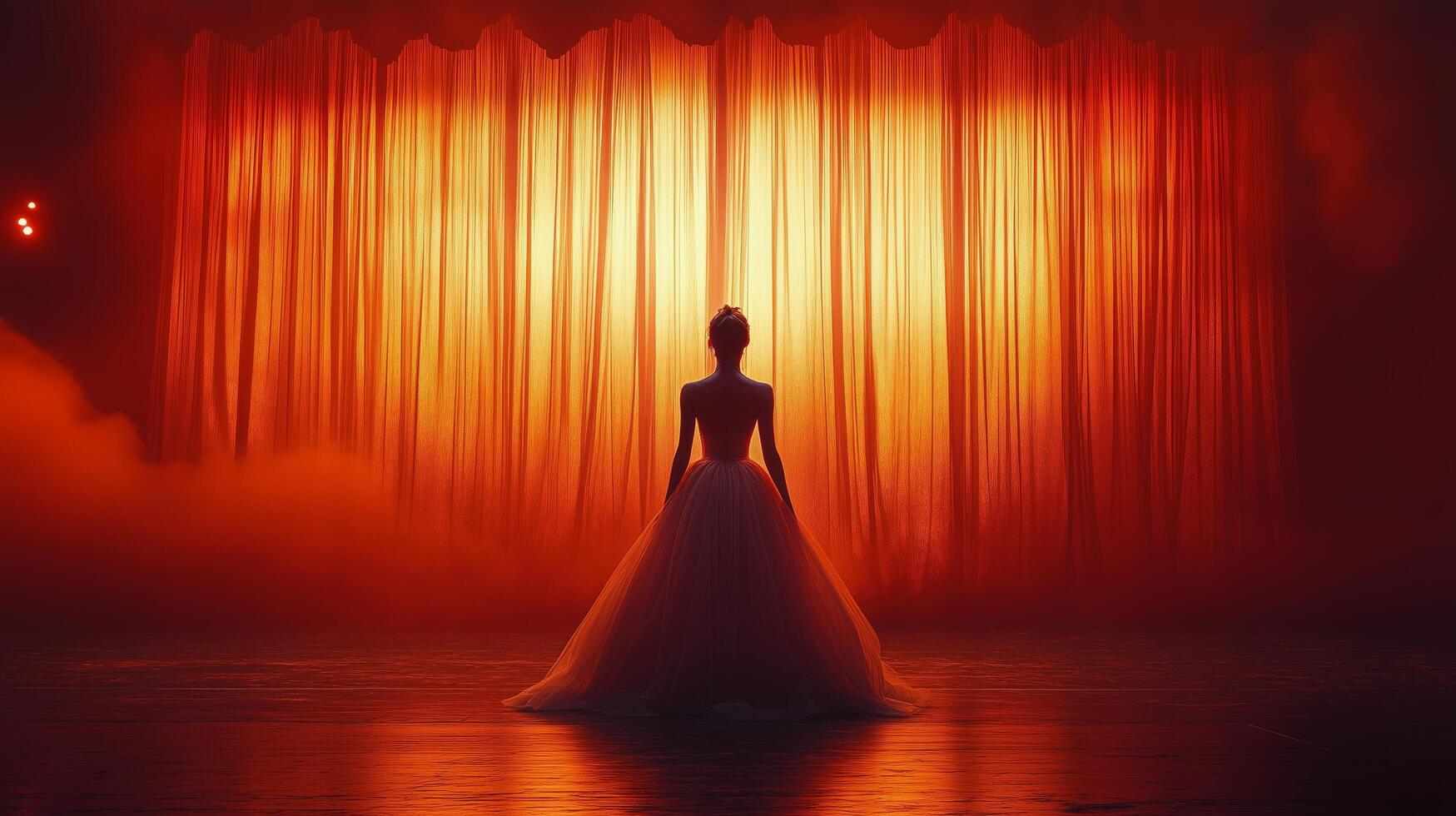 Dancer in elegant dress prepares backstage before performance in warm, dramatic lighting. photo
