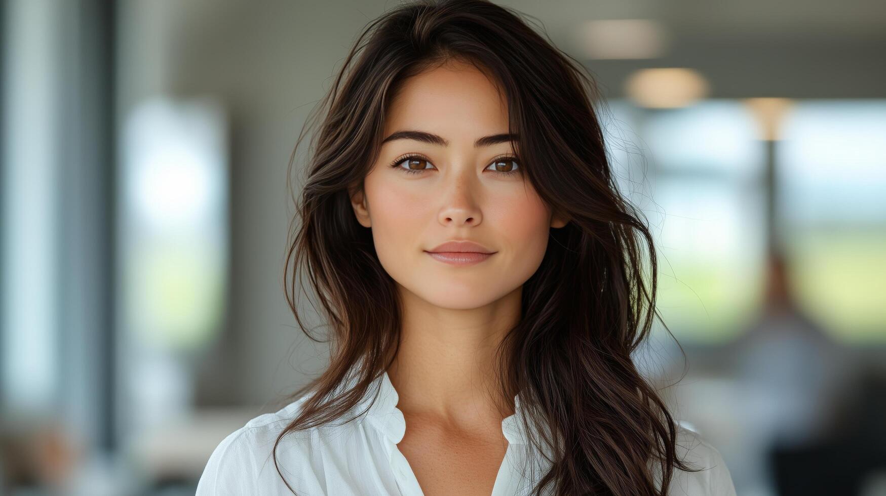Young woman with long hair in a bright office setting engaging with colleagues during the day. photo