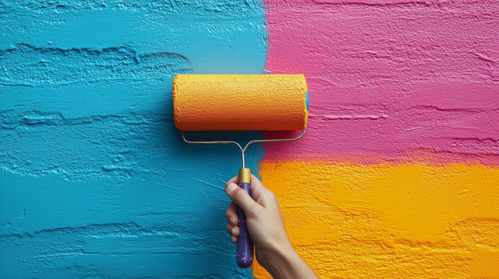 A person paints a textured wall with a colorful roller, applying bright blue, pink, and orange paint. photo