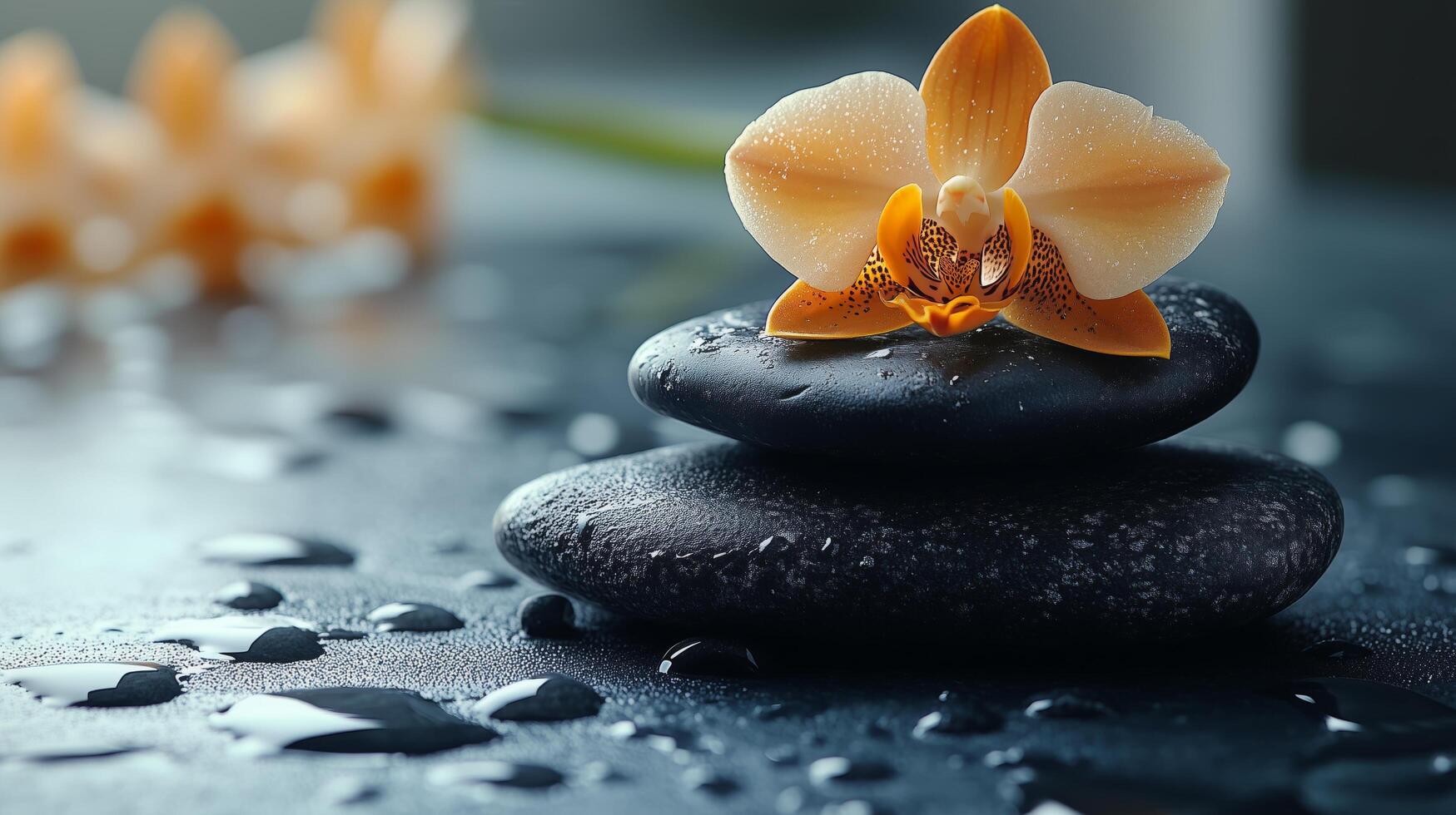 Relaxing spa setting with stones and orchid on calm surface during serene wellness session. photo