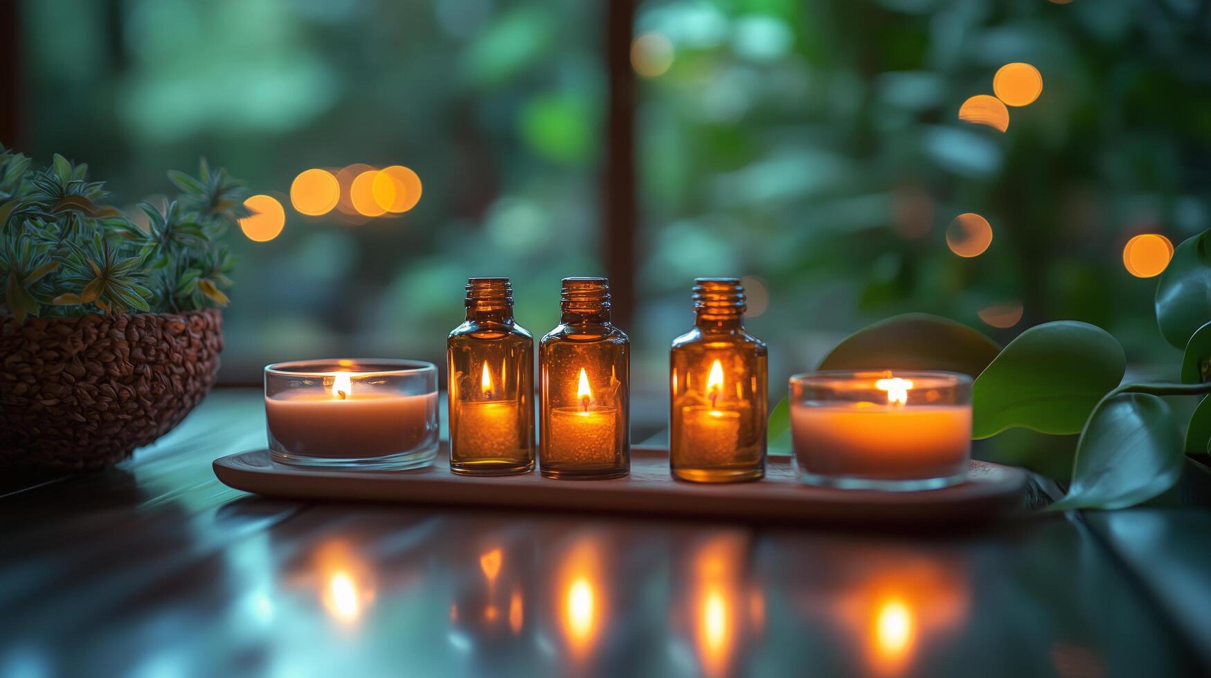 Set of candles and essential oil bottles in a serene, green indoor setting during evening relaxation time. photo