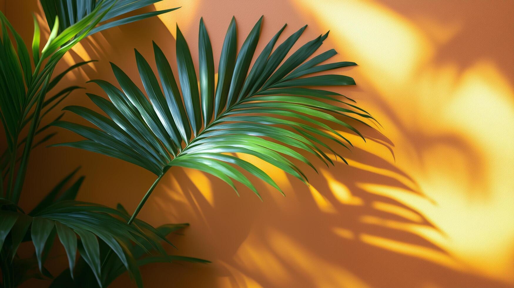 Vibrant green palm leaves casting shadows on an orange wall during daylight. photo
