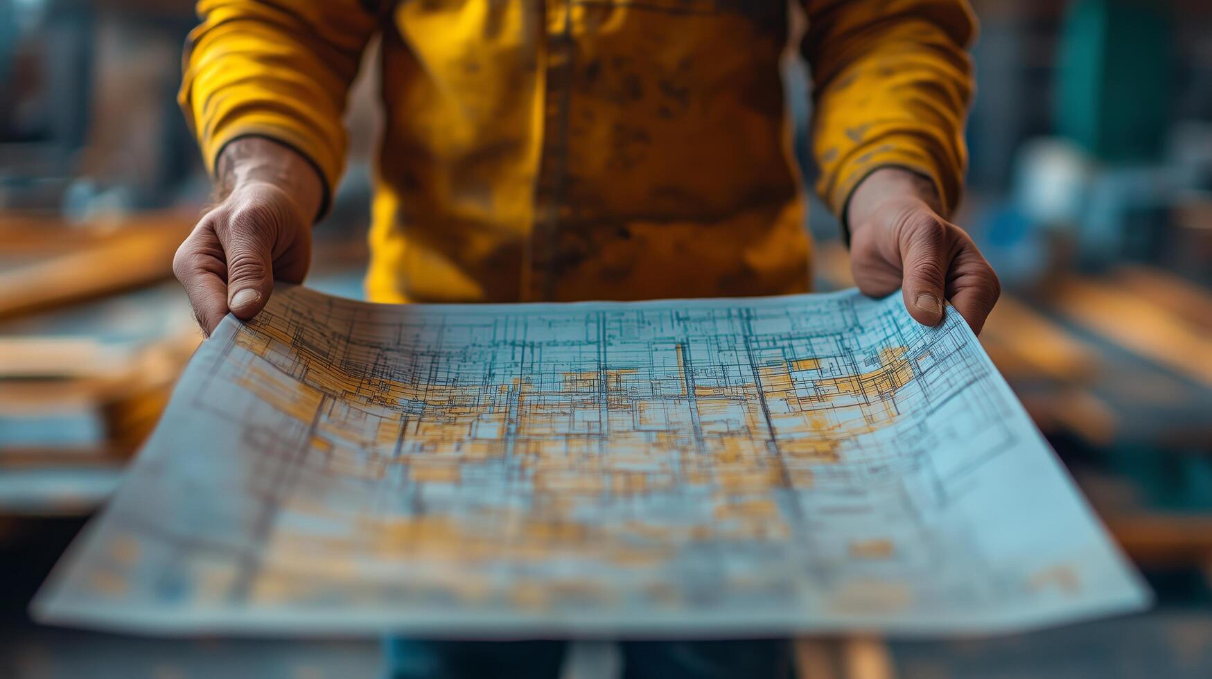 Construction worker examines detailed blueprint for upcoming project in workshop. photo