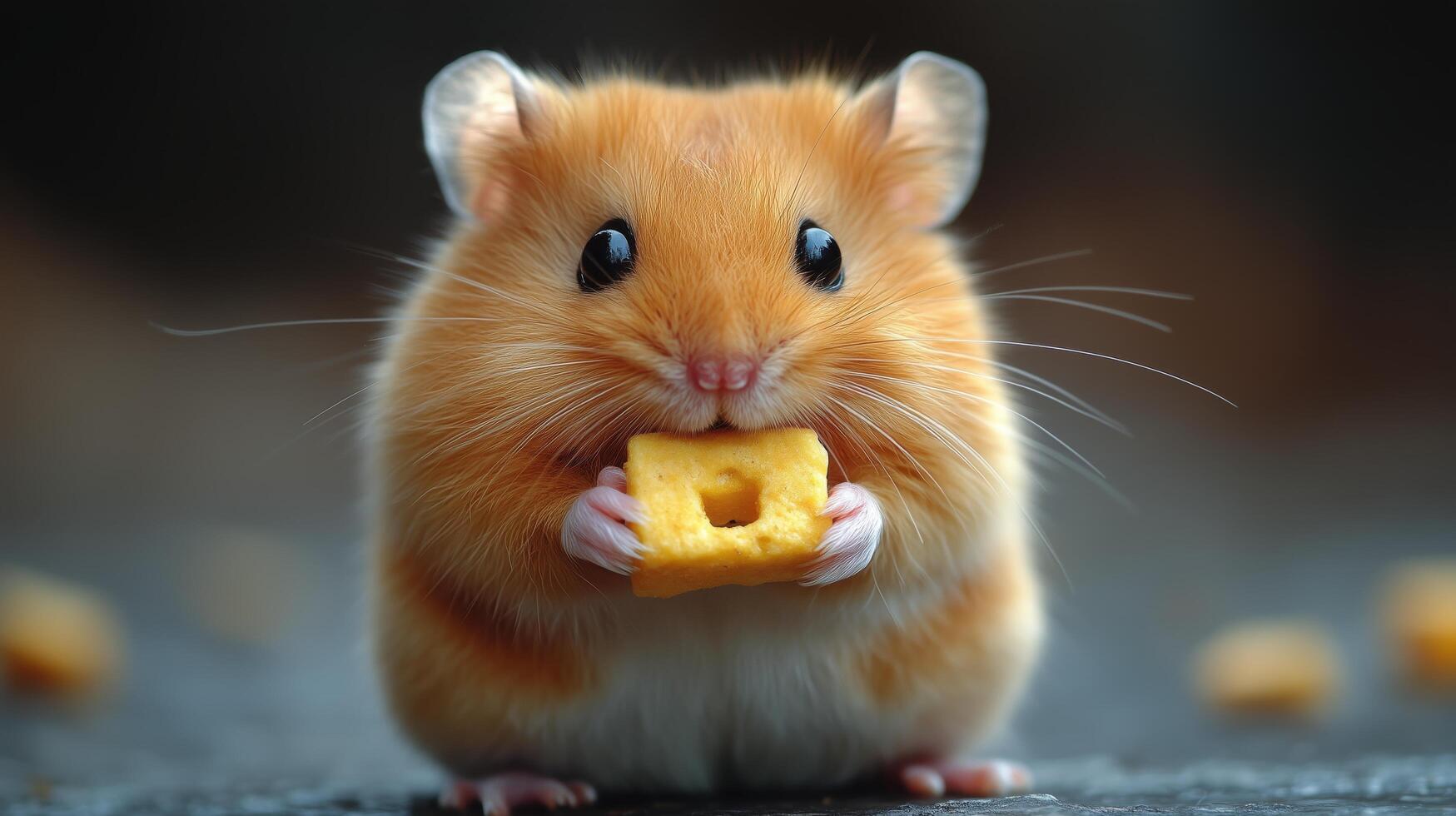 Cute hamster holding a snack on a dark surface in a soft natural light setting. photo