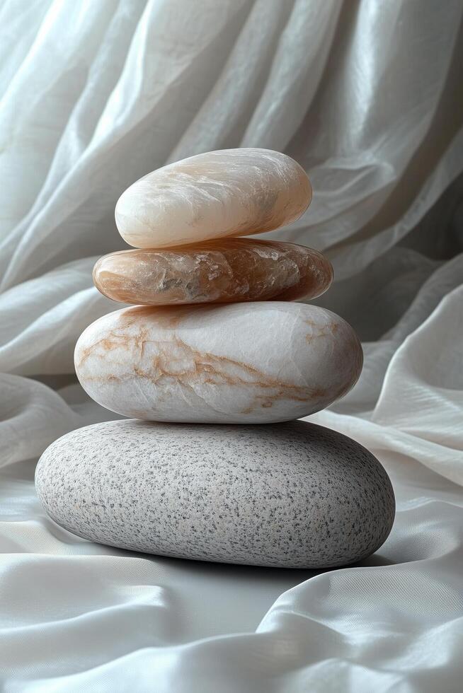 Stacked smooth stones arranged neatly on soft fabric showcases tranquility in arrangement. photo