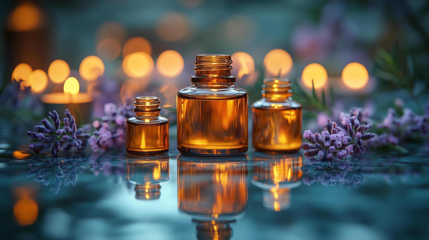 Aromatic essential oils arranged with lavender flowers and candles during a serene evening. photo