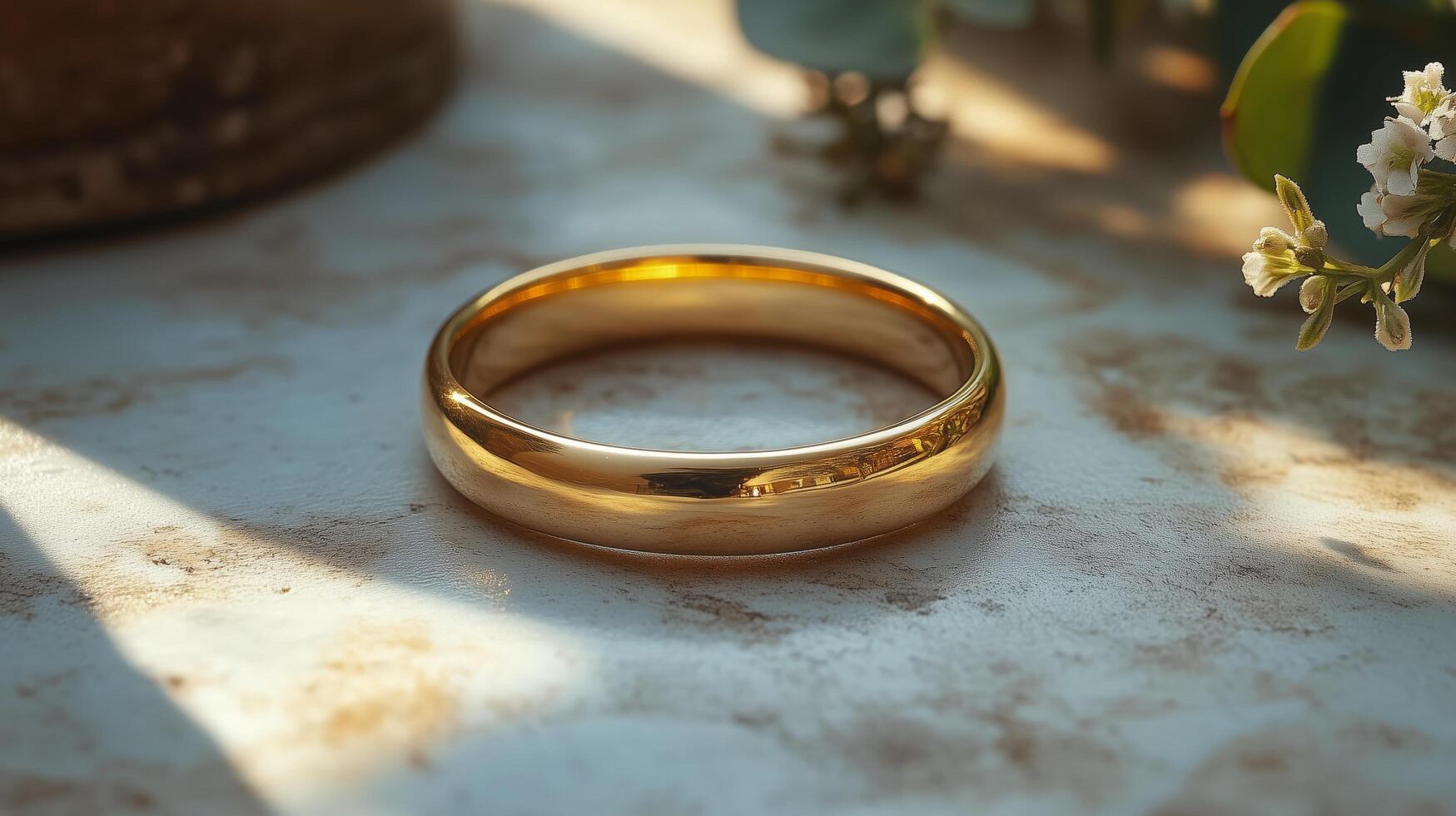Golden ring rests on a textured surface with delicate flowers in soft afternoon light. photo