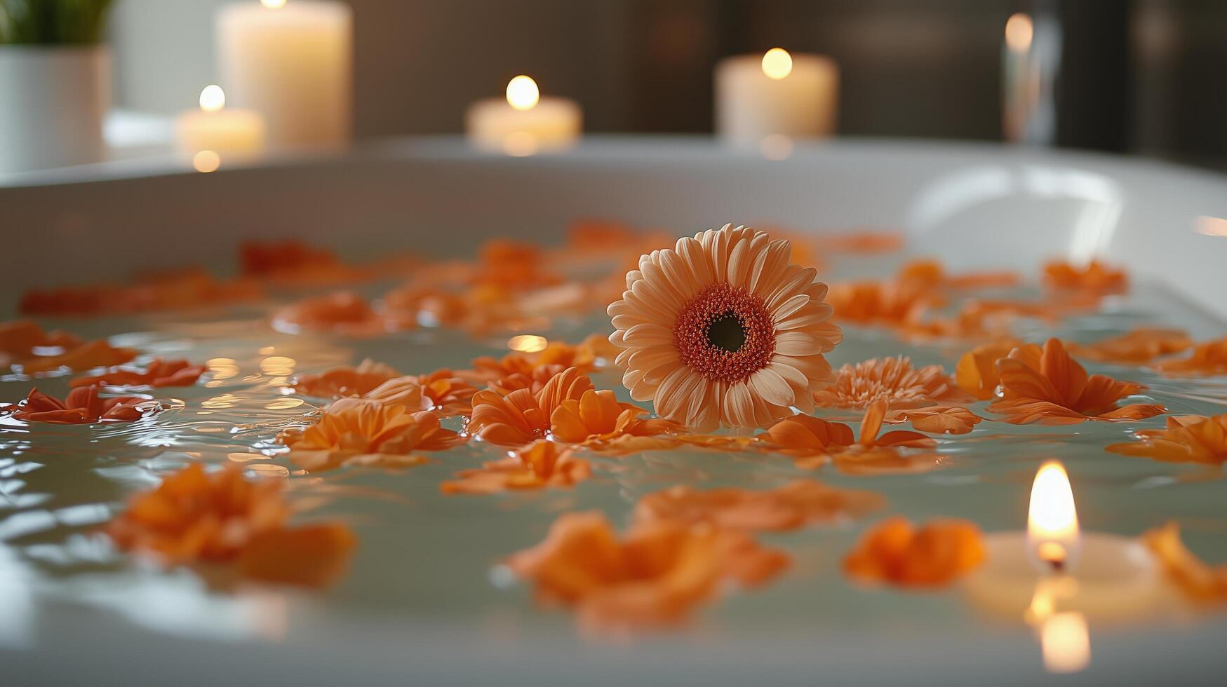 Relaxing flower petals in water with candles for a calm evening spa experience. photo