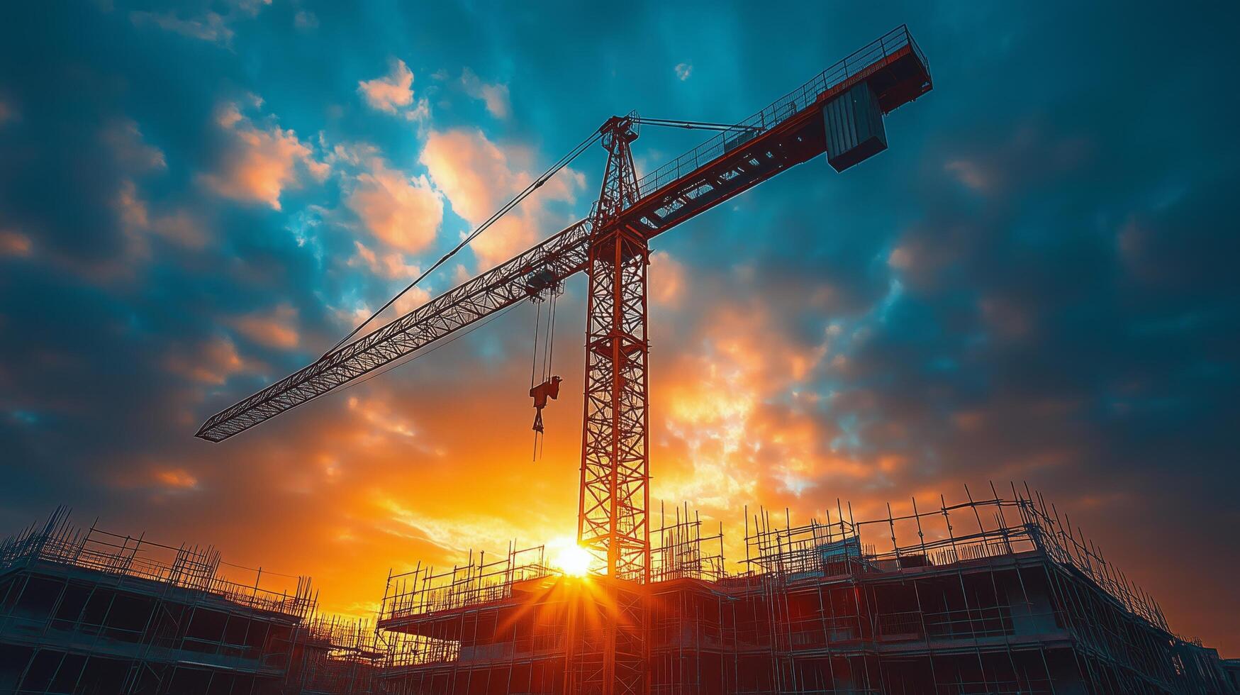 Construction crane silhouetted against a vibrant sunset over a building site. photo