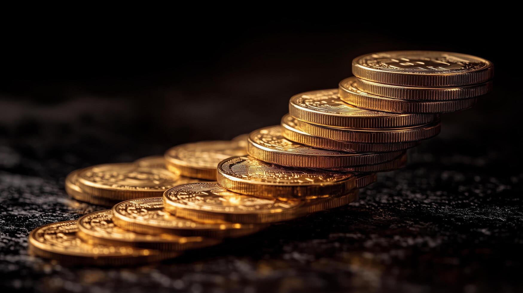 Stack of shiny gold coins arranged on a dark surface in a dimly lit setting during early evening. photo