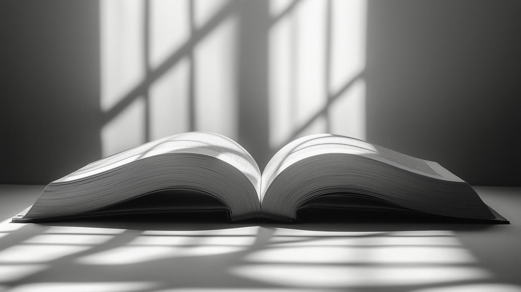 Sunlight casting shadows on an open book in a tranquil setting. photo