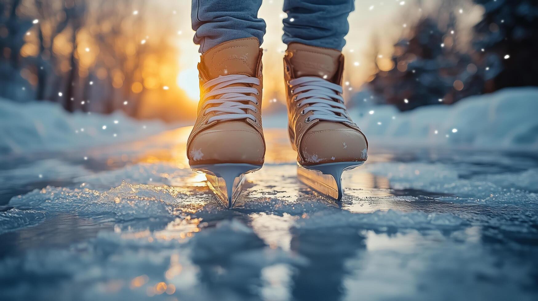 Skater gliding on a winter rink at sunset with soft snowfall. photo