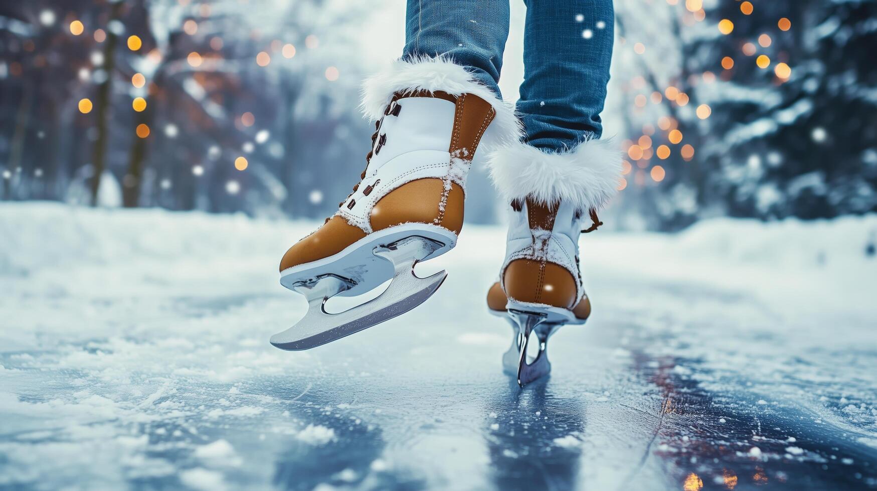 Enjoying a winter day skating on a frozen pond surrounded by snow-covered trees. photo