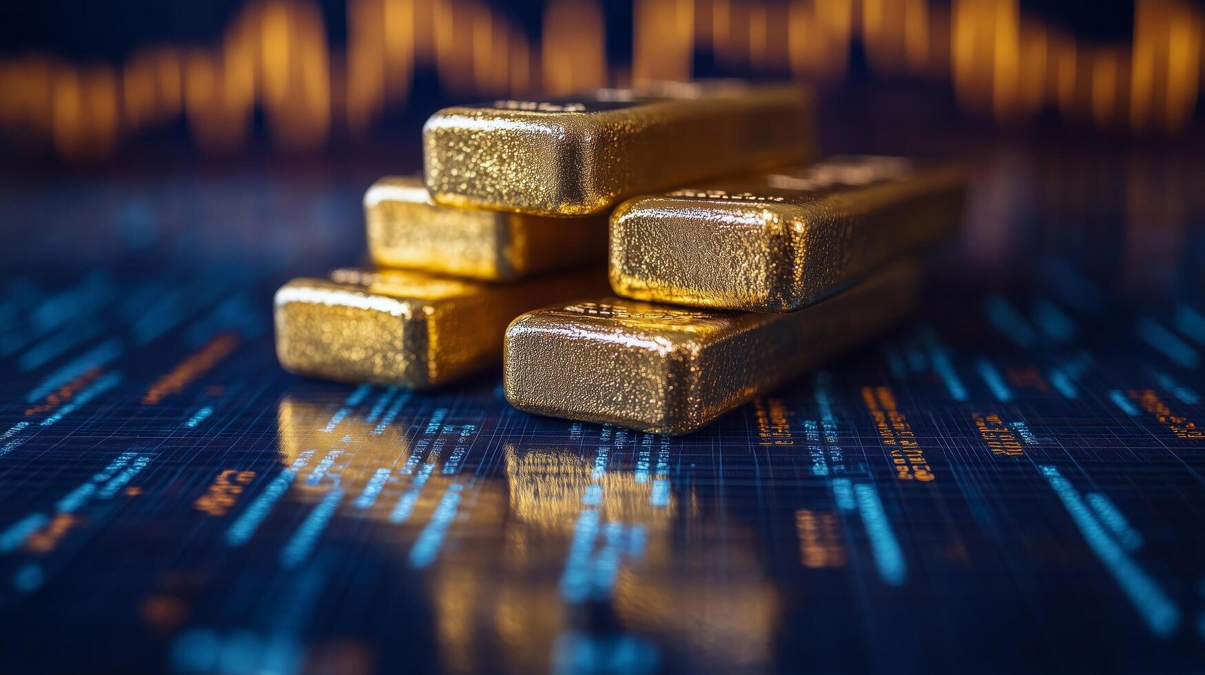 Golden bars on a digital background represent wealth and investment opportunities in finance. photo