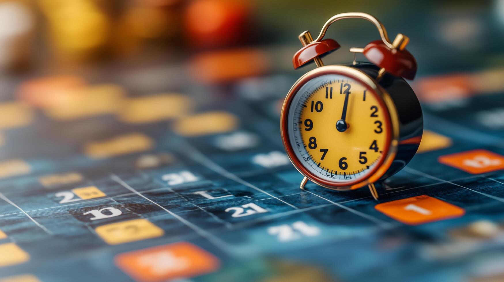 Vintage alarm clock on a colorful calendar with numbers and symbols in a cozy setting. photo