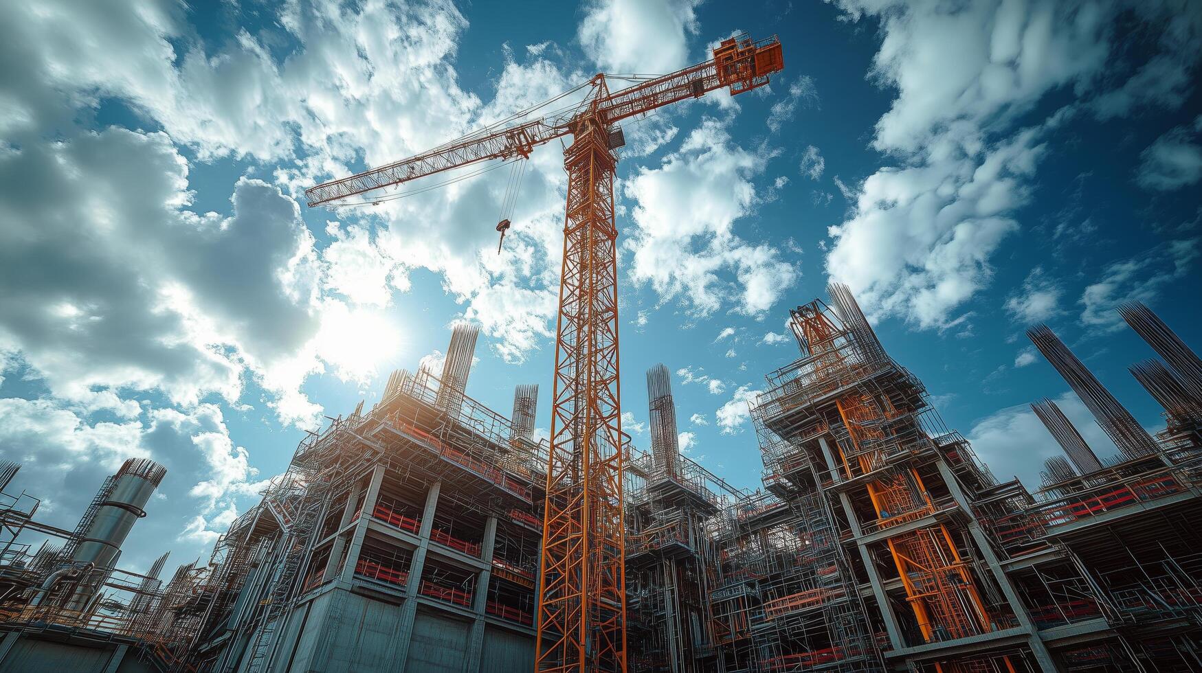 Construction site with a tall crane under blue sky and clouds in a urban setting during daylight. photo