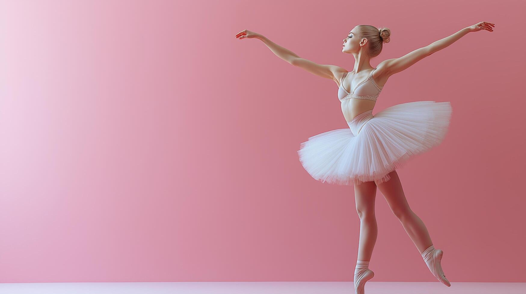 Elegant ballet dancer performing en pointe against a soft pink background in a studio setting. photo