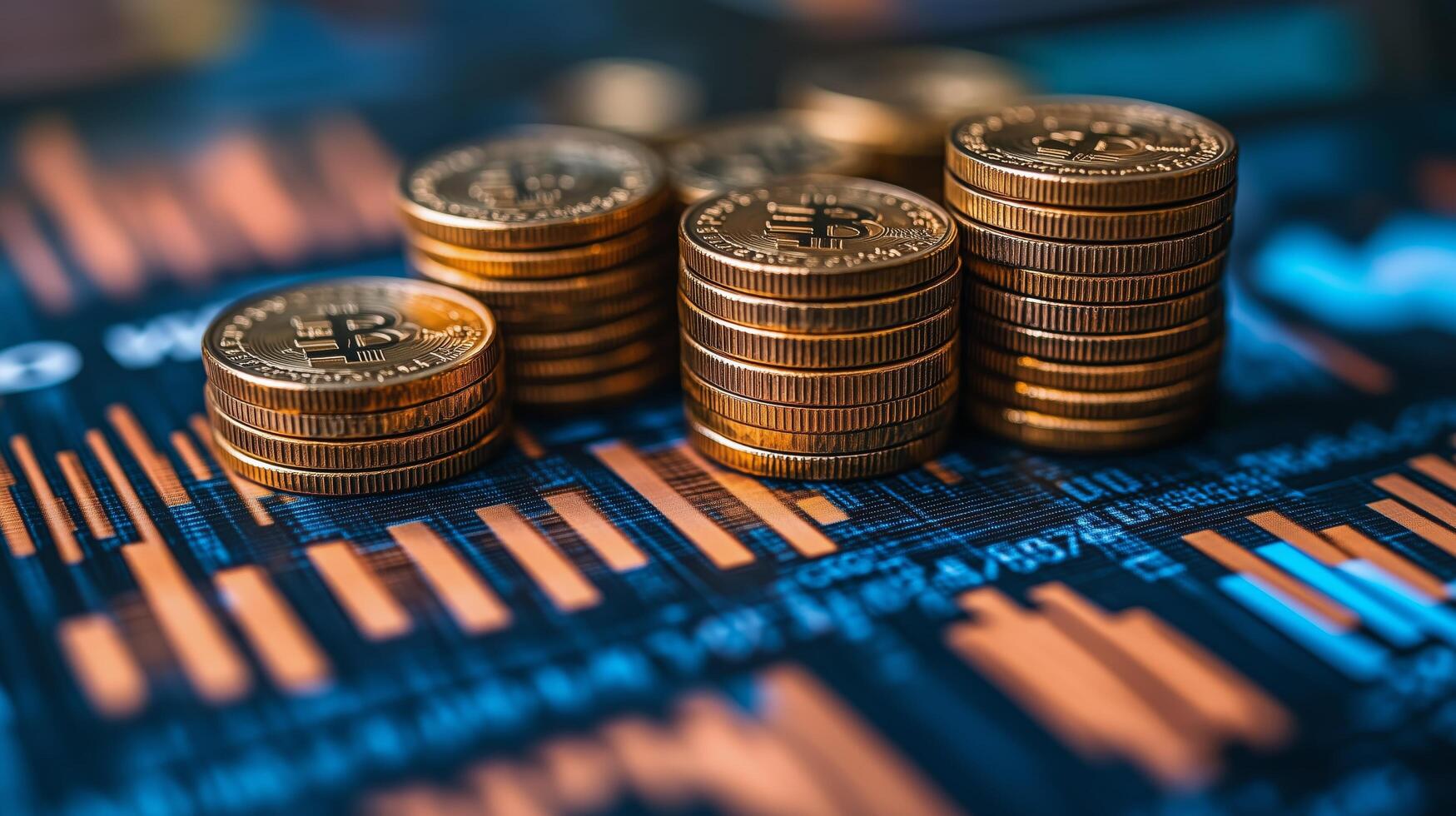 Bitcoin coins stacked on cryptocurrency chart with fluctuating market trends. photo