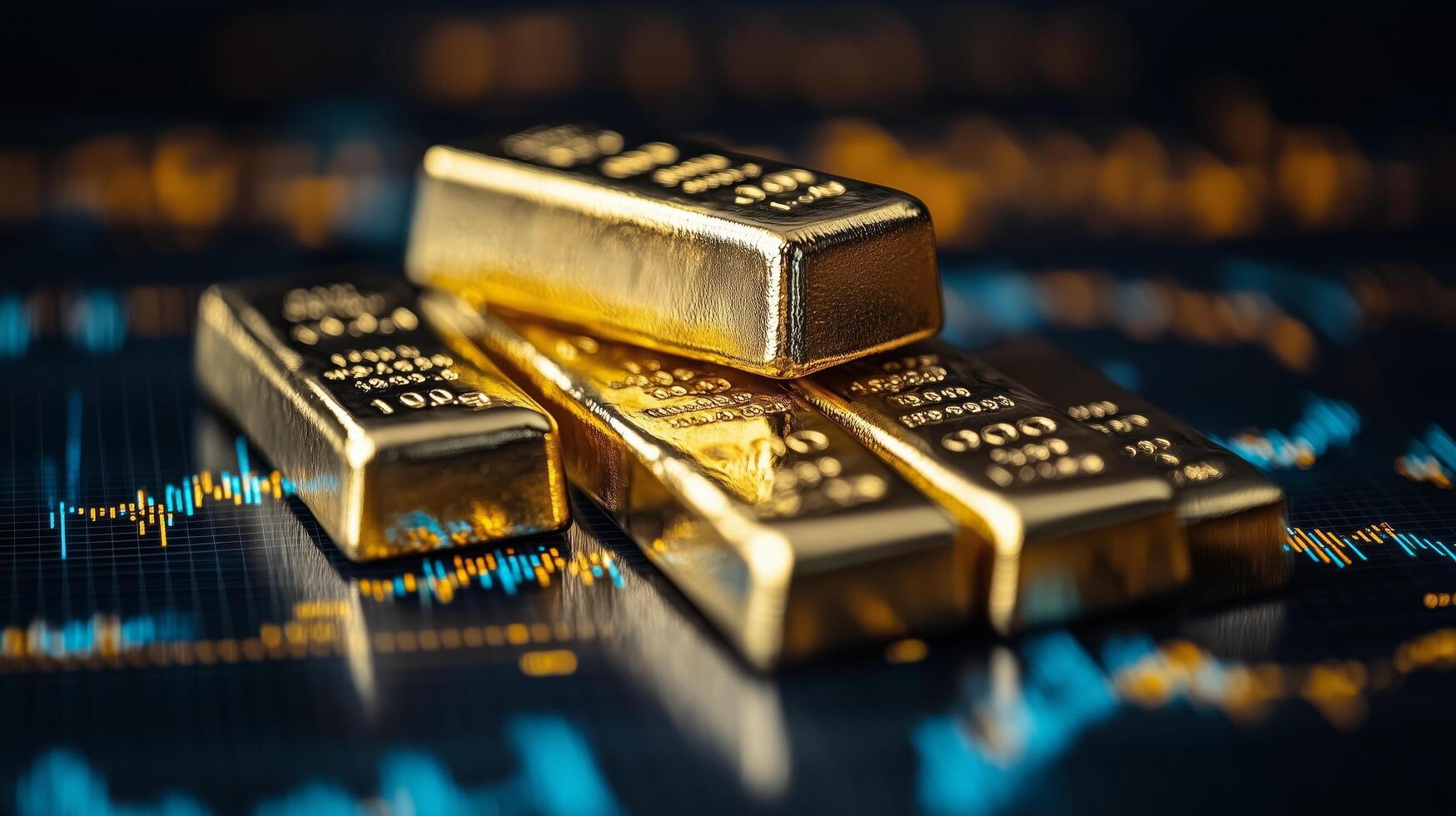Gold bars stacked on a financial chart with market data and graphs in the background. photo
