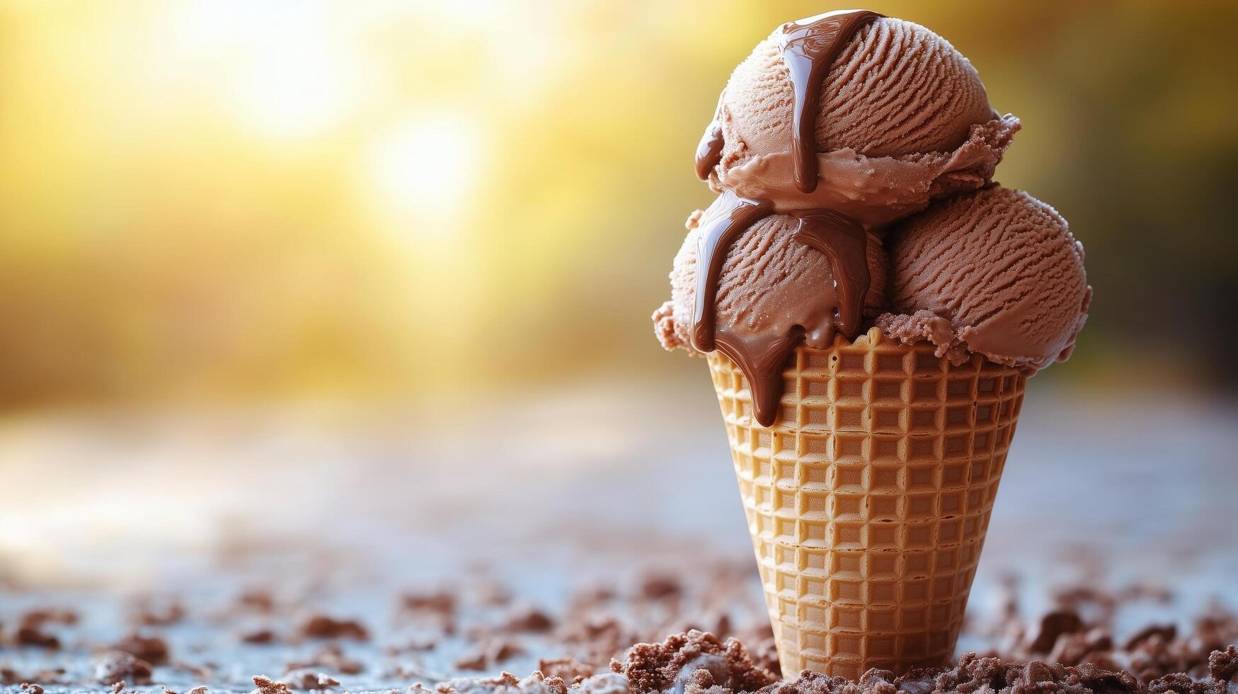 Chocolate ice cream cones stacked with rich chocolate syrup in a sunny outdoor setting. photo