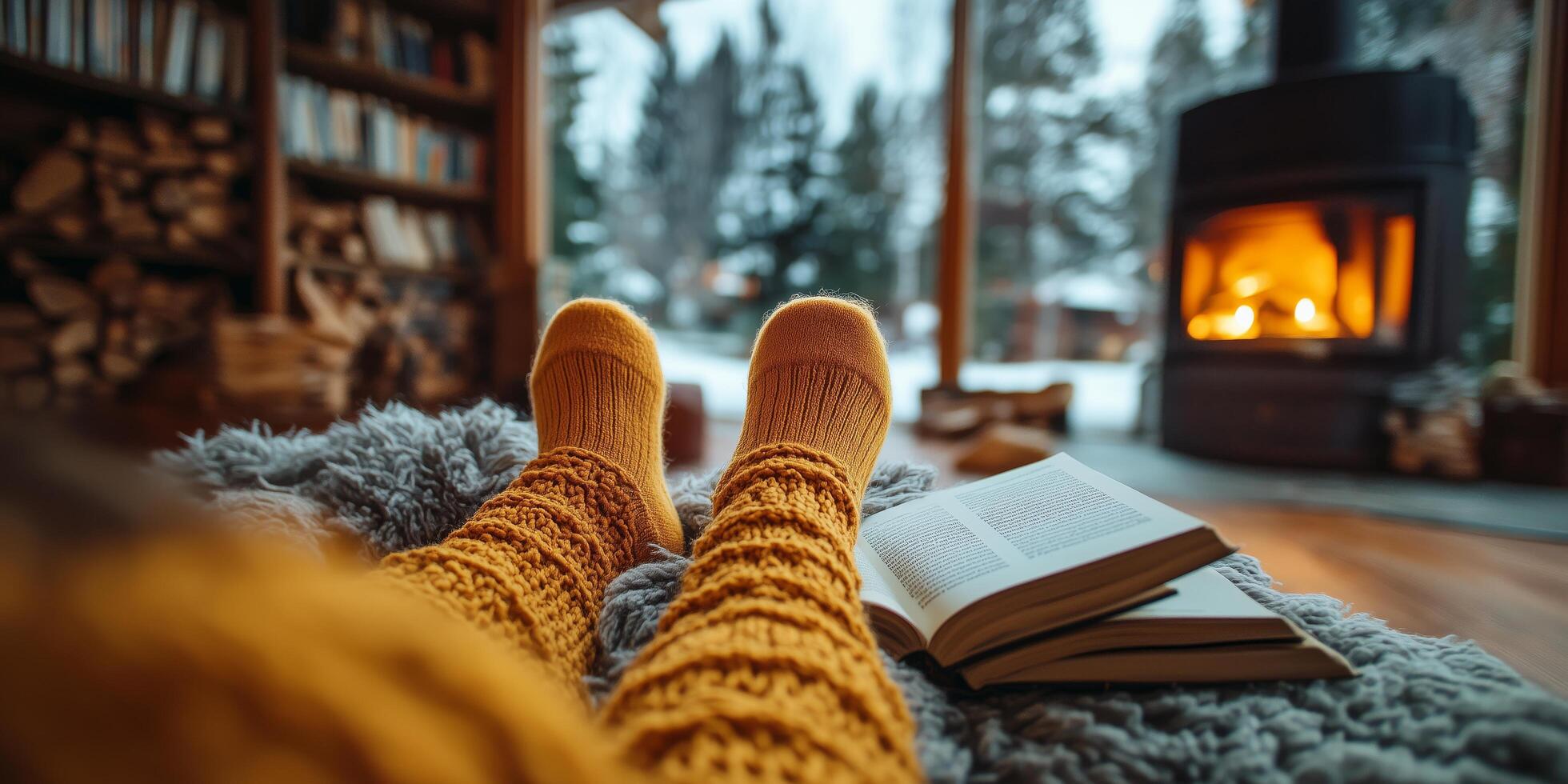 Cozy indoor reading by the fireplace on a winter day with warm socks and a book. photo
