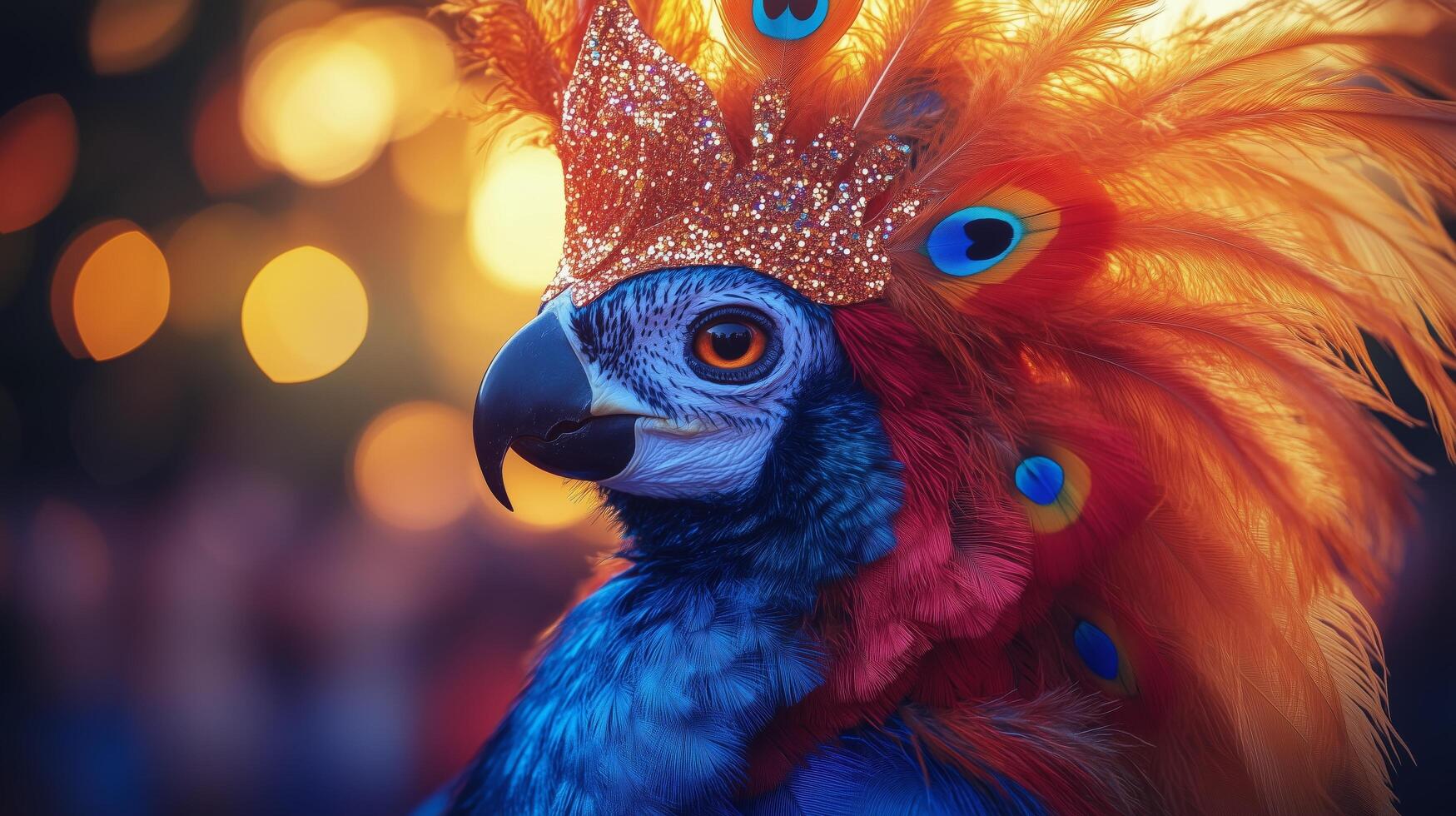 Colorful parrot in a glittering crown during a festive celebration at twilight. photo