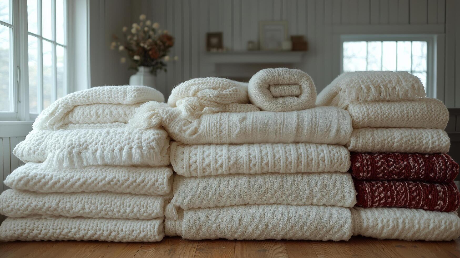Warm collection of cozy blankets stacked in a bright room with natural light during winter. photo
