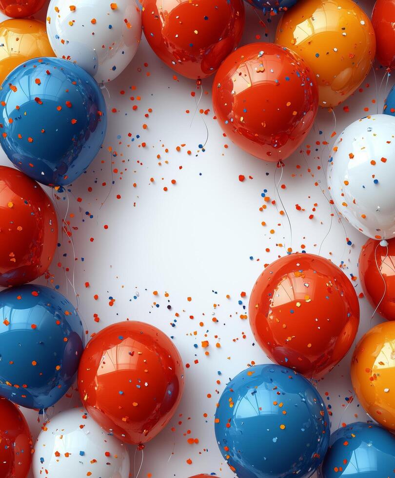 Colorful balloons and confetti create a festive atmosphere for celebrations or parties. photo
