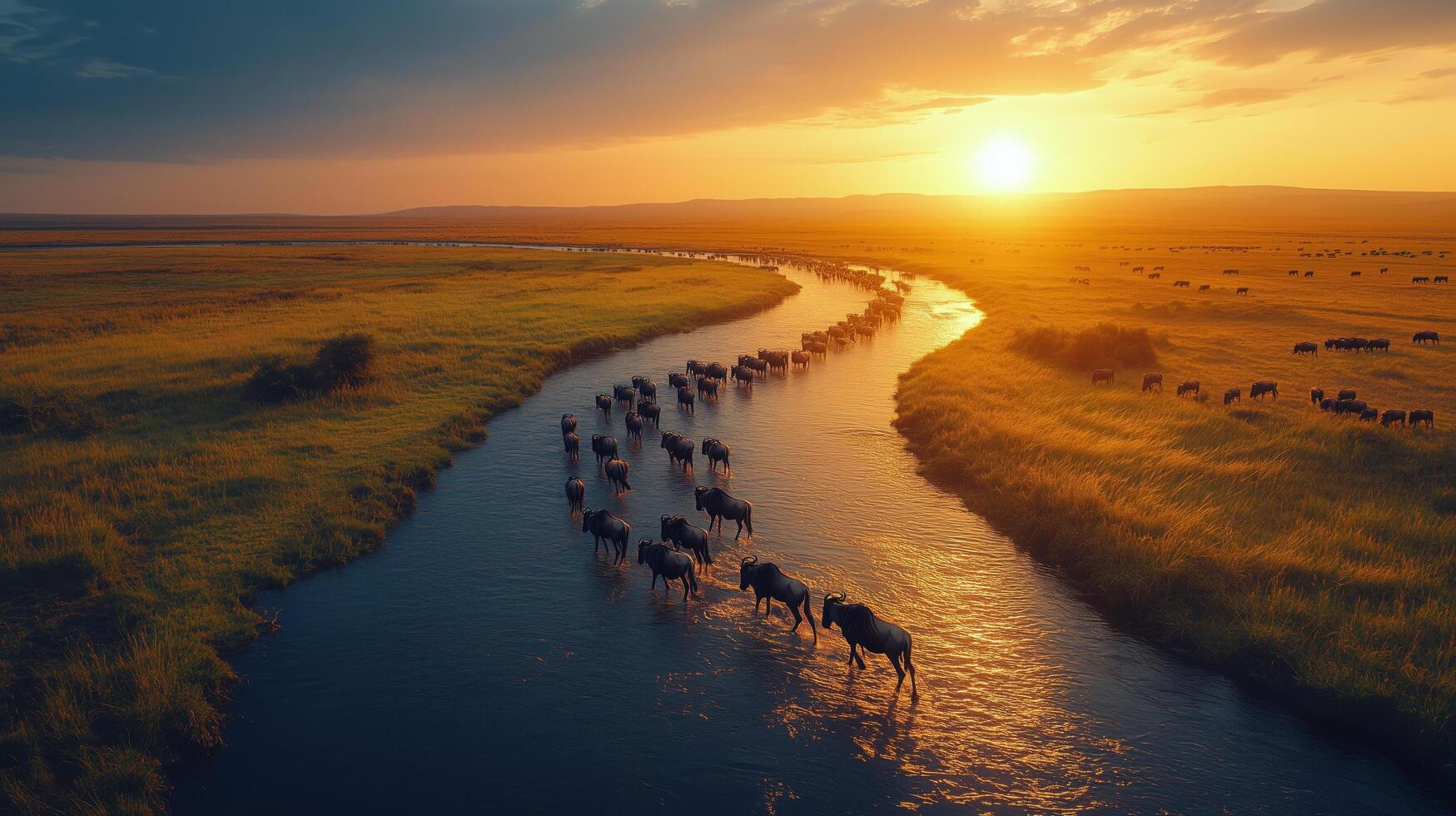 Herd of wildebeests crossing river at sunset in a vast African landscape. photo