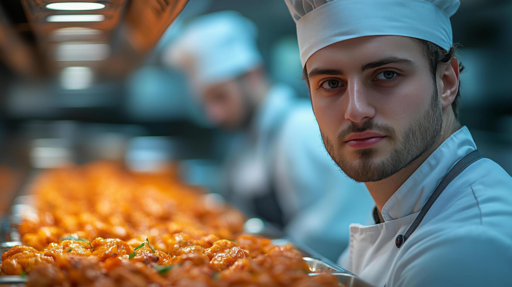 Culinary professional preparing dishes in a modern kitchen environment during dinner service. photo