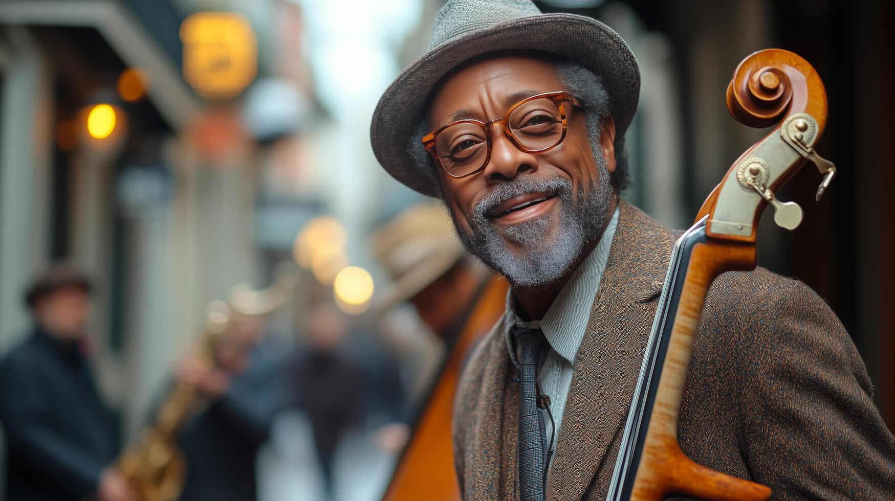 Musician smiles while playing bass in vibrant street performance at dusk. photo