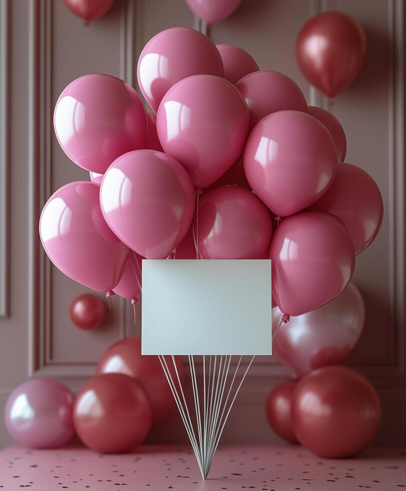 Birthday celebration with pink balloons and blank sign in a decorated space. photo