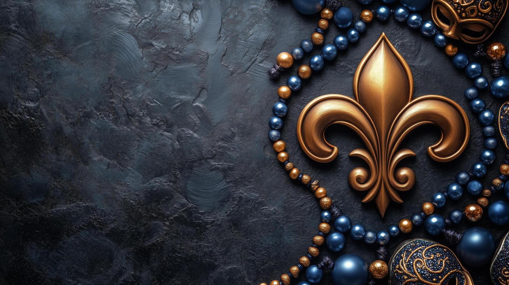 Decorative mask and beads with a golden fleur-de-lis pattern on dark textured background. photo