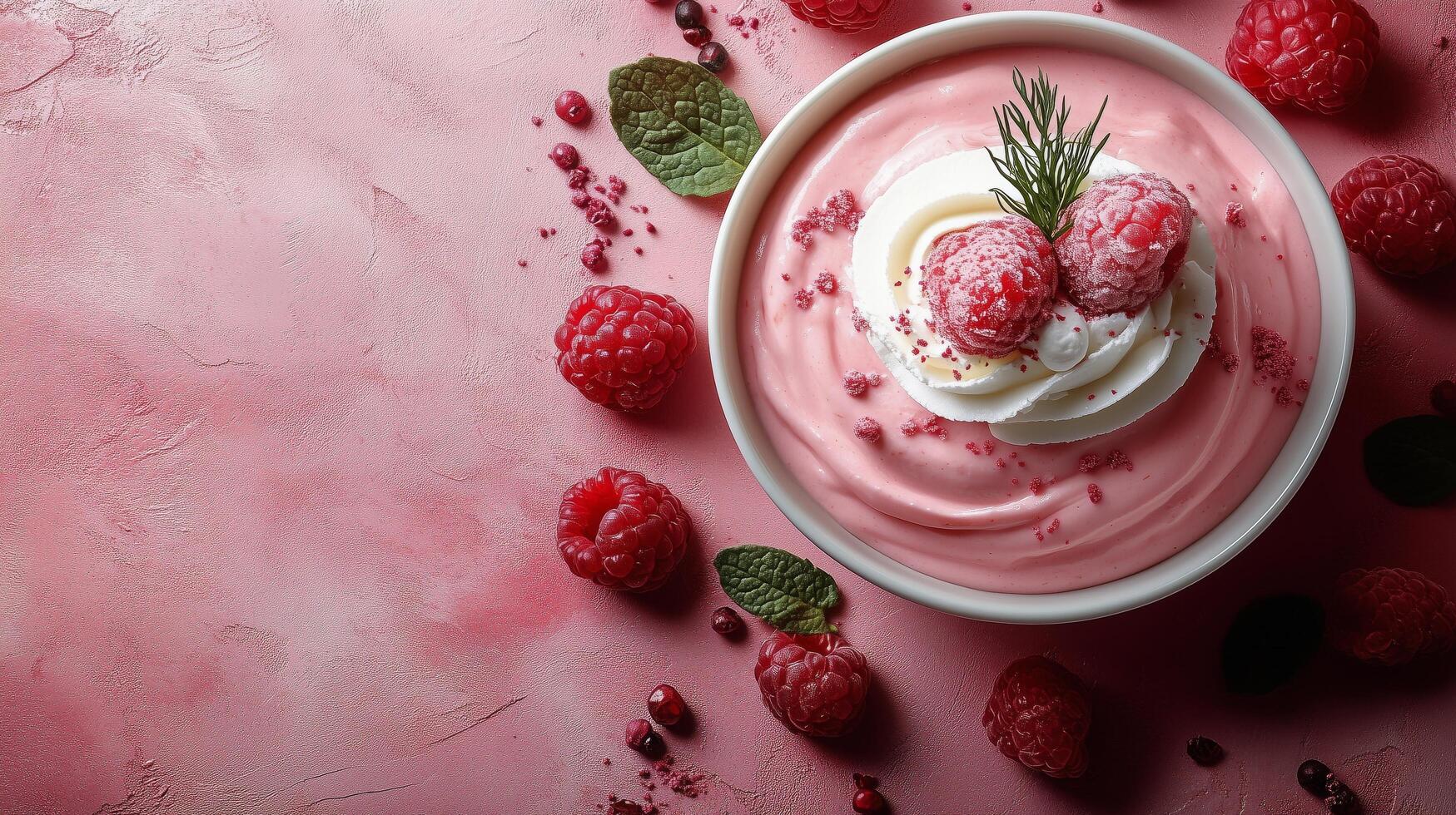 Delicious raspberry dessert served in a bowl on a pink background with fresh raspberries and mint garnish. photo