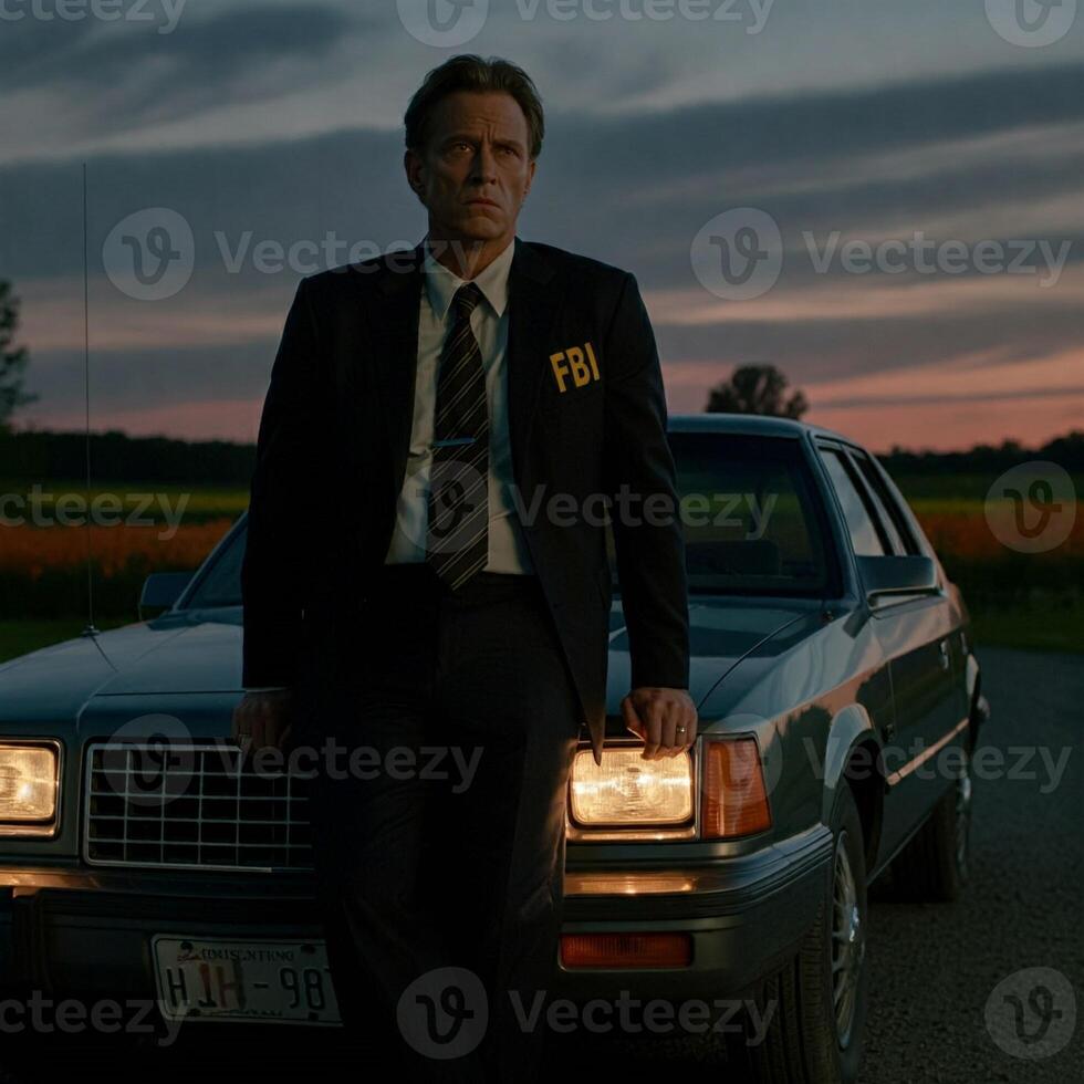 A man in a suit standing next to a car photo