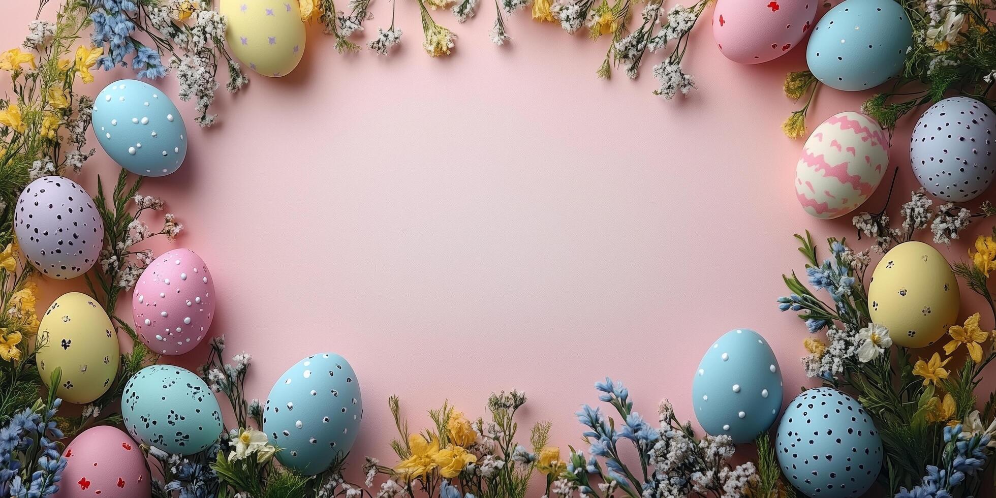 Colorful Easter eggs surrounded by flowers on a pastel pink background. photo