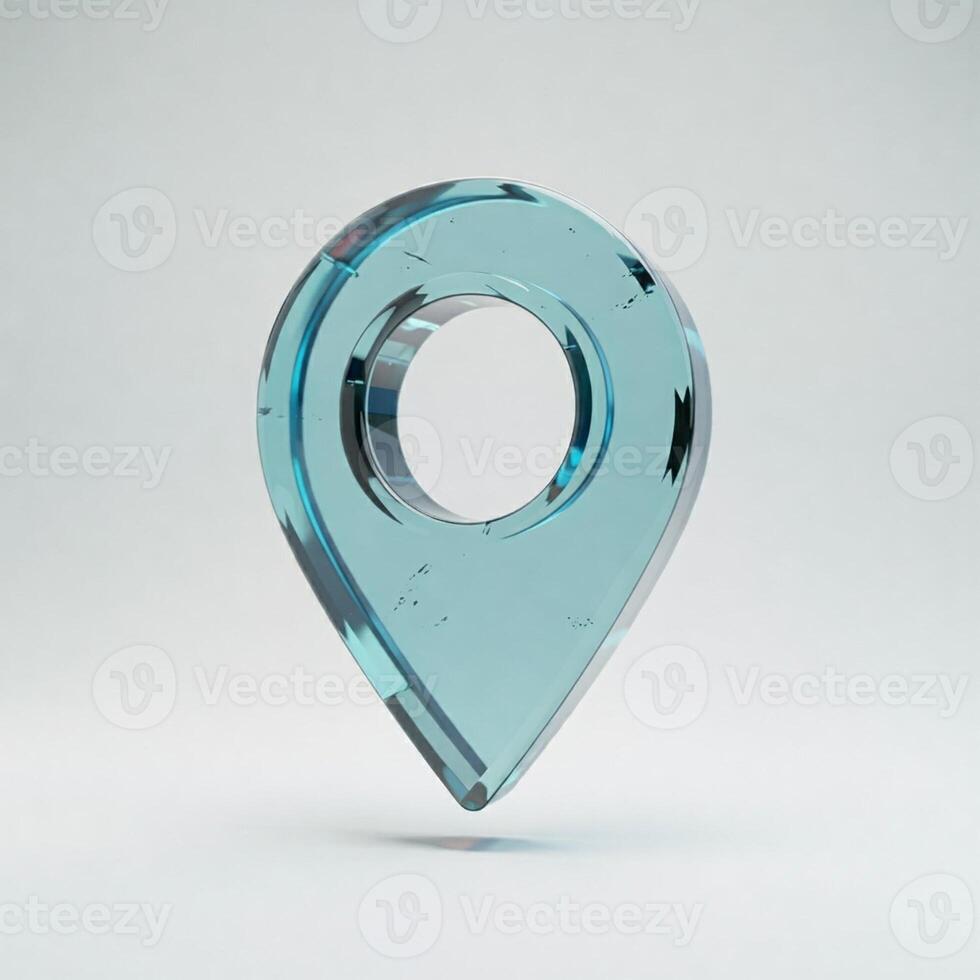 A blue glass map pointer on a white background photo