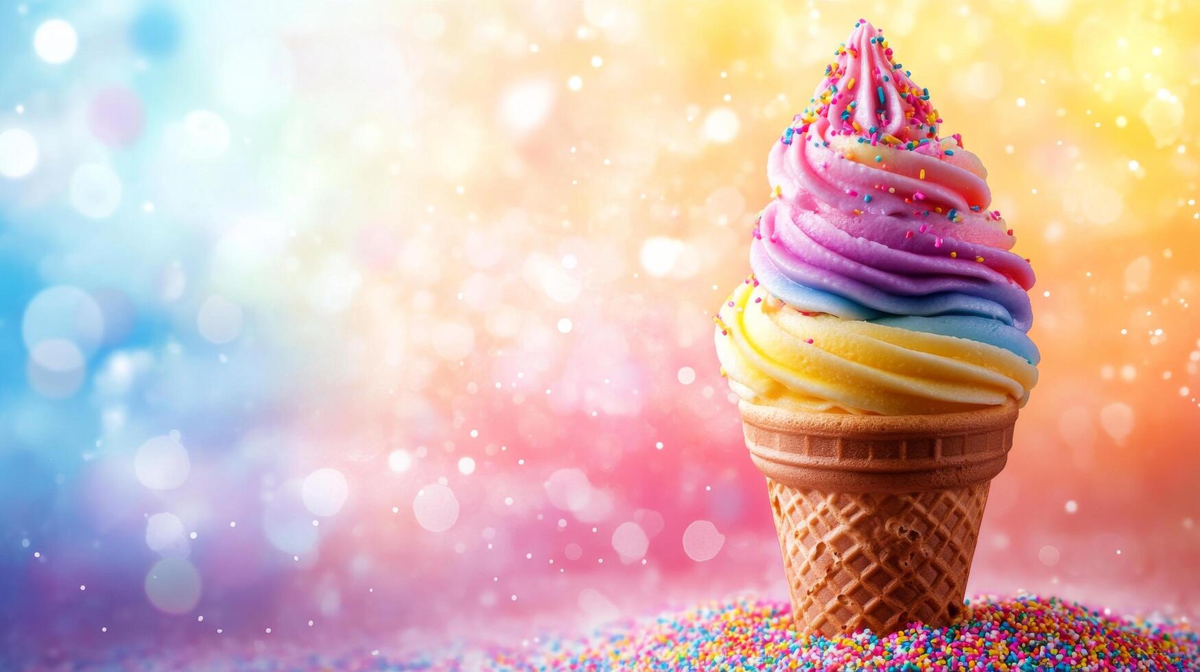 Colorful ice cream cone with rainbow sprinkles against a vibrant bokeh background photo